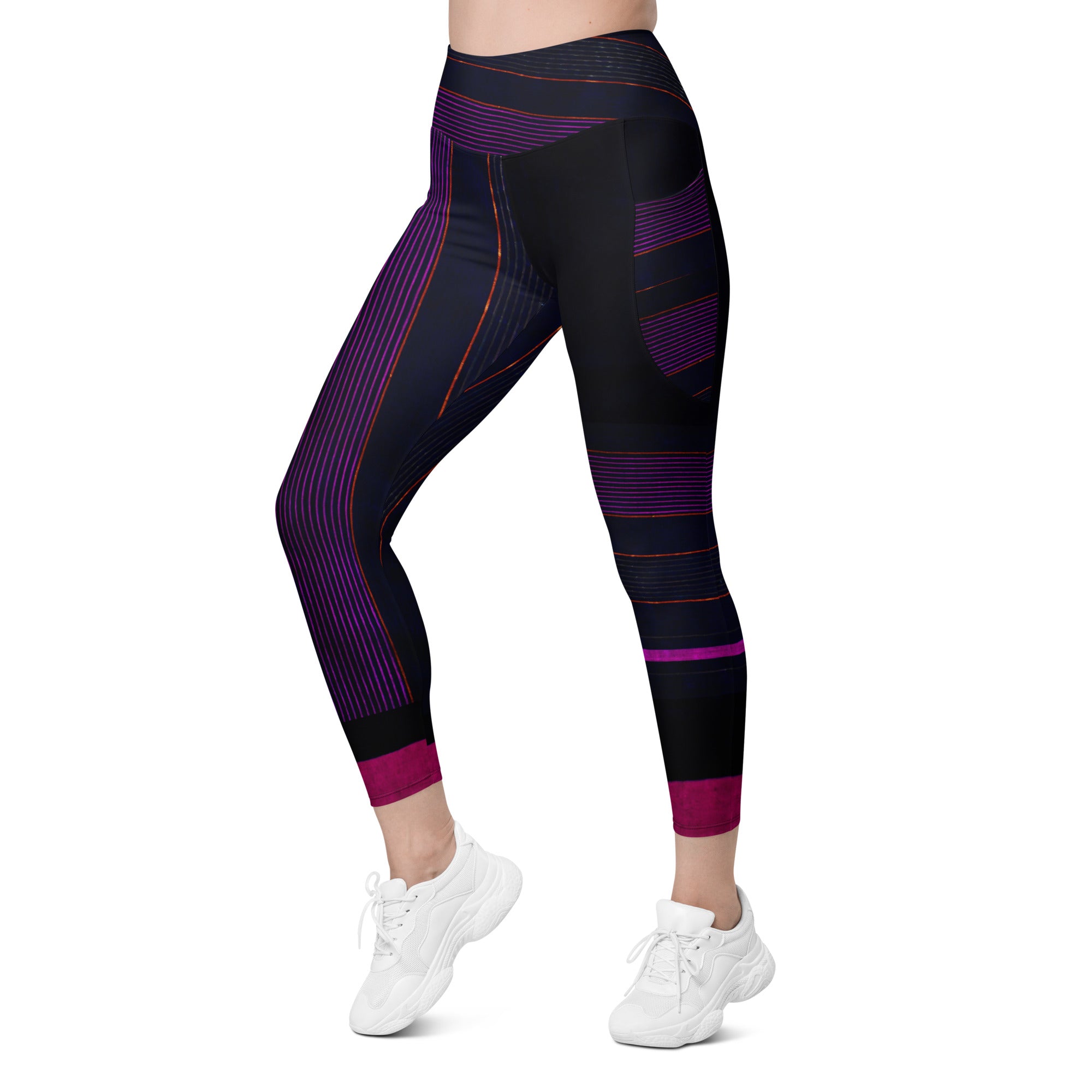 Black Gym Leggings with Pockets. Purple Pin Stripes Dance Leggings. Crossover Waist Yoga Pants. "Peppermint" by WickedYo.